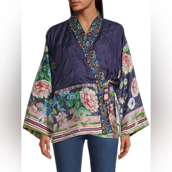 Johnny Was Tied Front Floral Teagan Reversible Silk Kimono - Picture 2 of 9